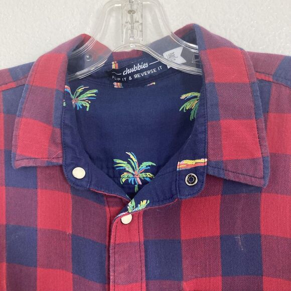 Chubbies Shirt Mens Large Red Blue Plaid Flannel Reversible Palm Tree Casual - Picture 7 of 12